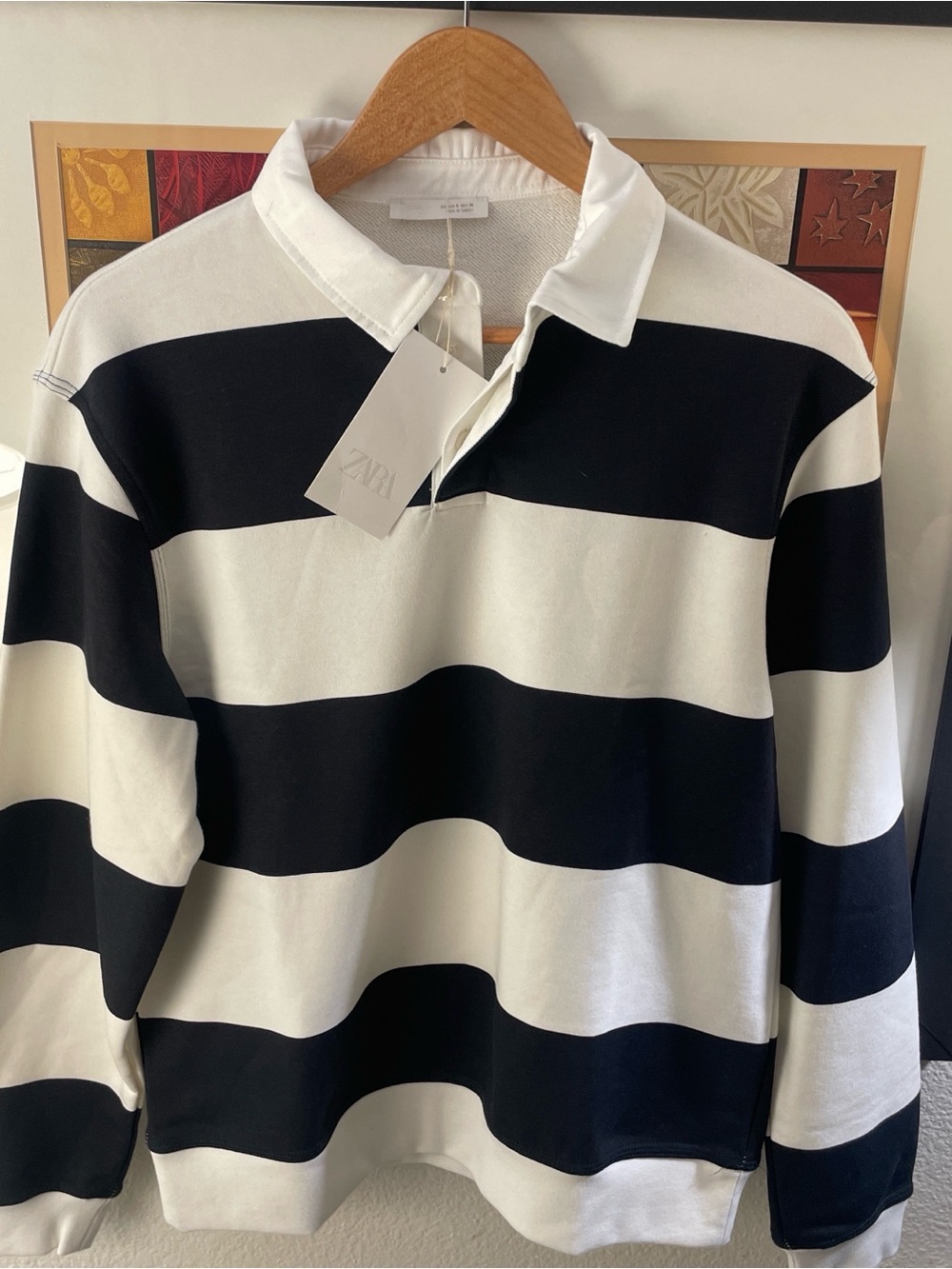 Zara Black & White Horizontal Stripe Rugby Polo